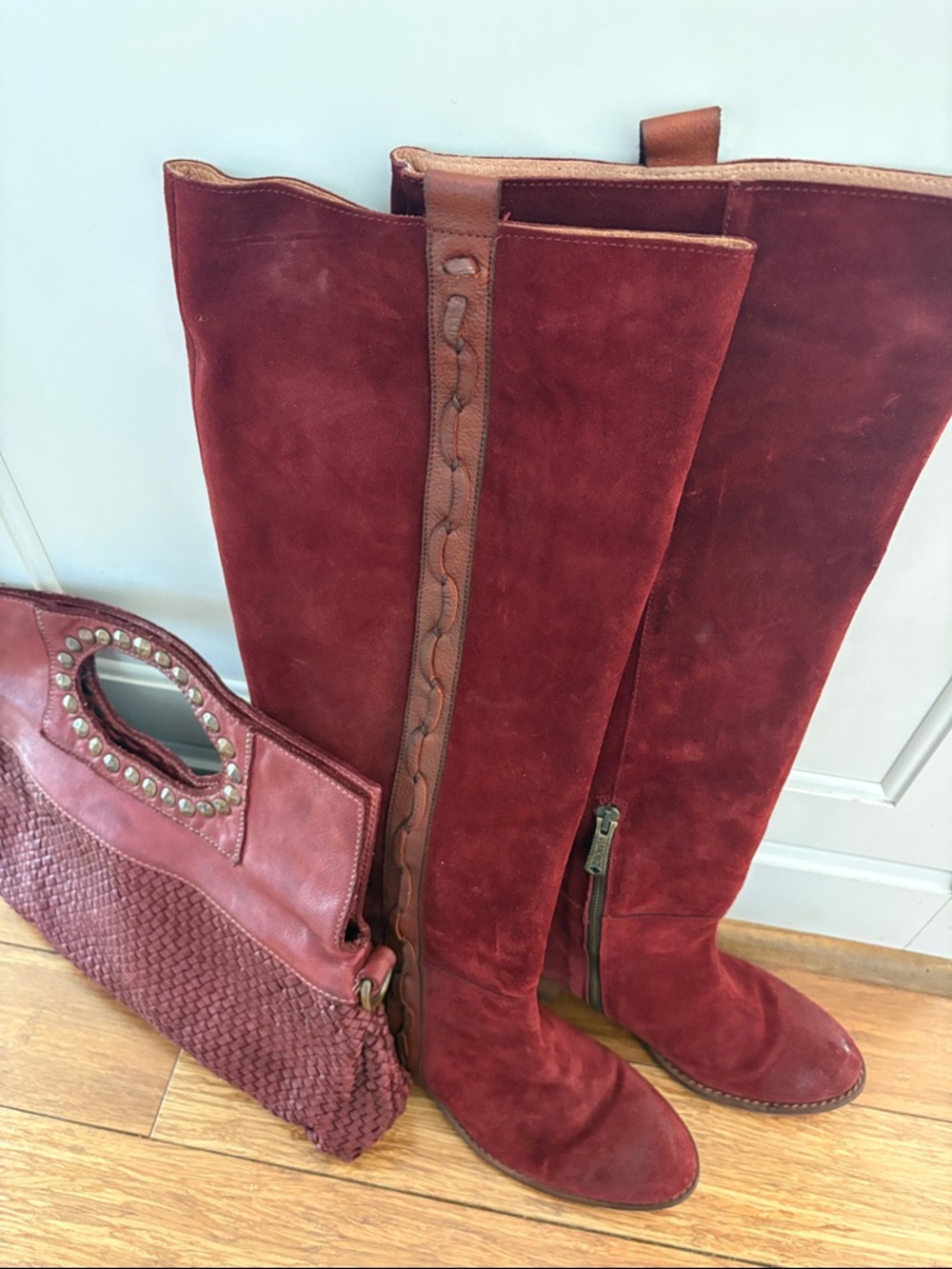 Women's Burgundy Suede Knee-High Boots with Leather Trim